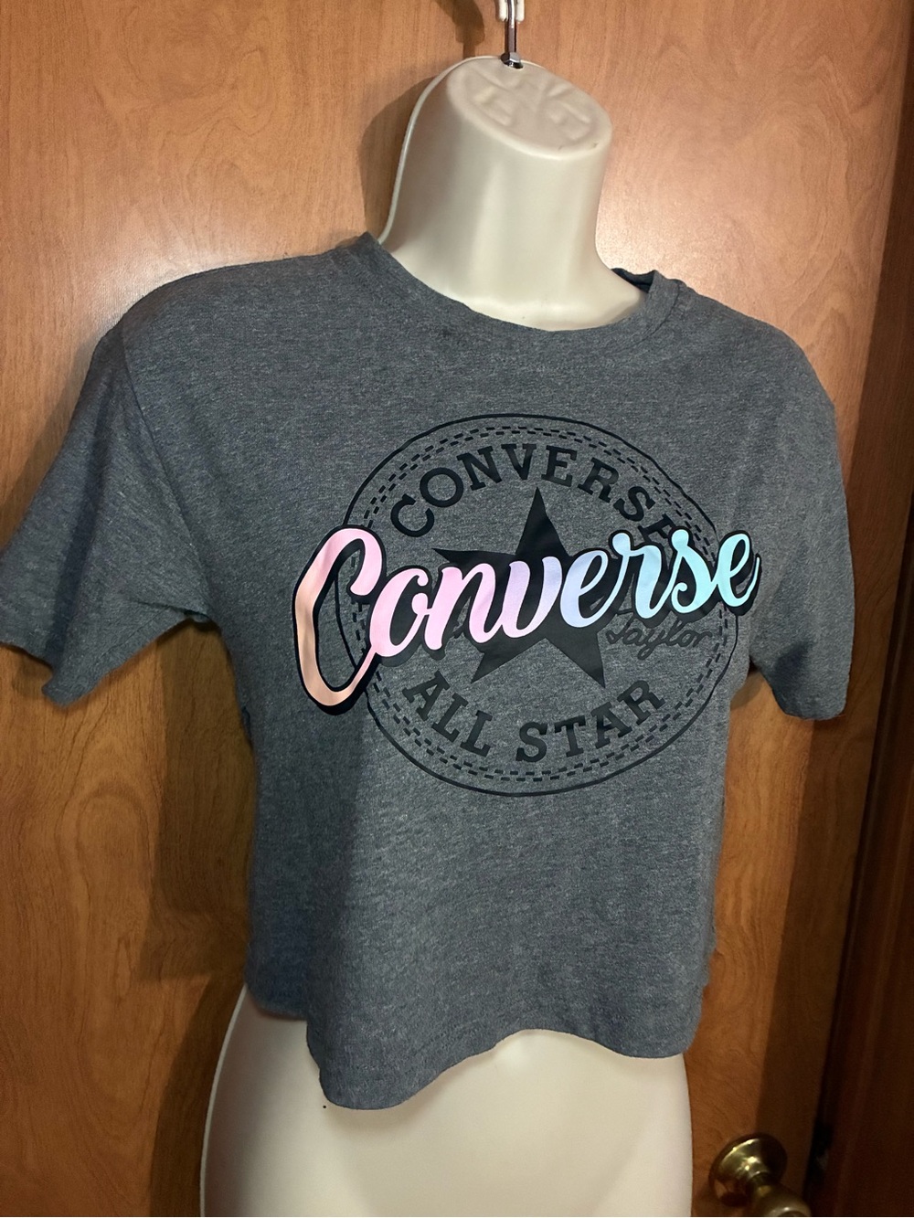 Converse Gray Cropped Tee with Pink-to-Blue Ombre Script Small